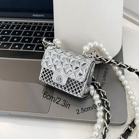 Silver Preppy Womens Mini Metallic Flap Square Bag Pearl Decor - Picture 4 of 5